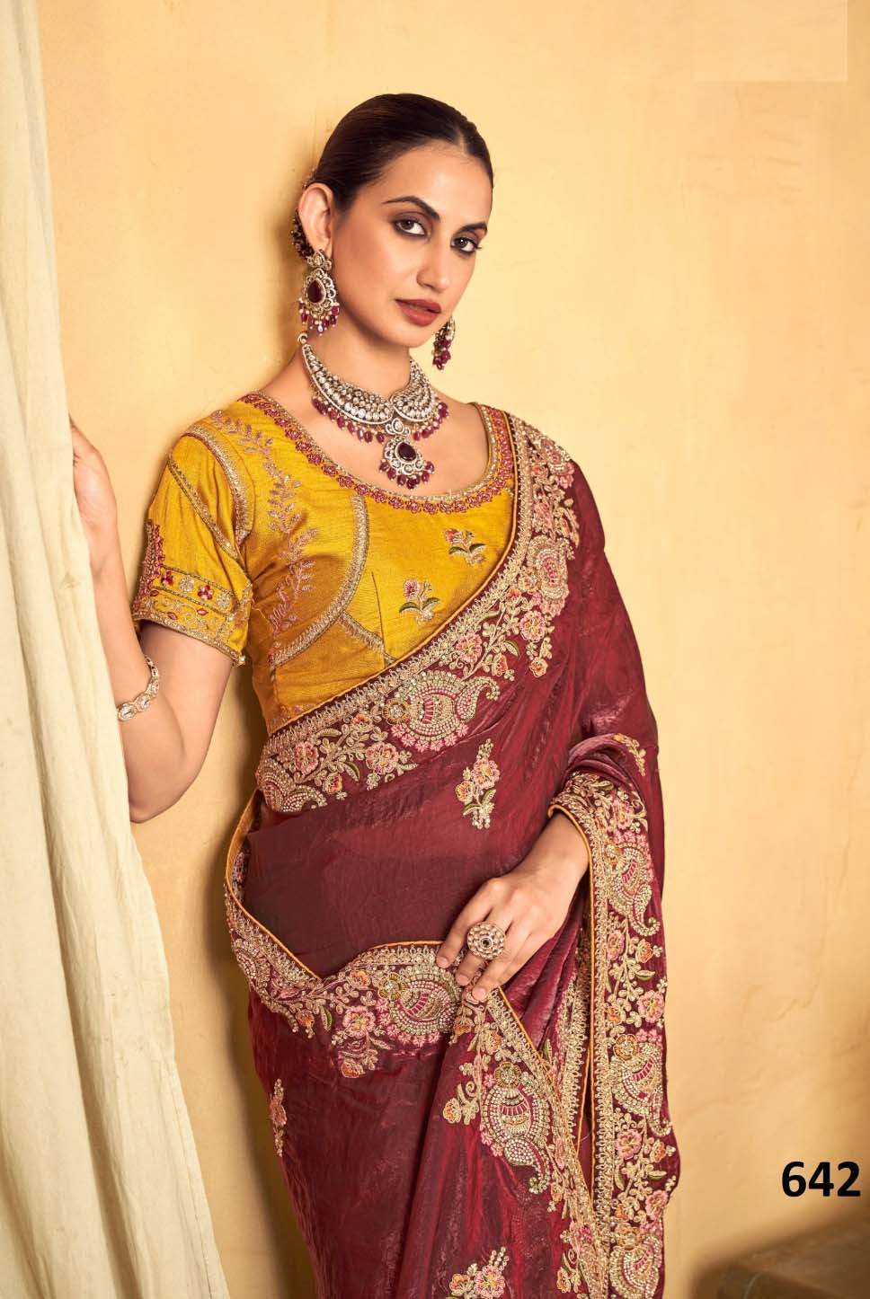 Vardan Fendi Maroon Heavy Embroidered Bridal Saree Collection