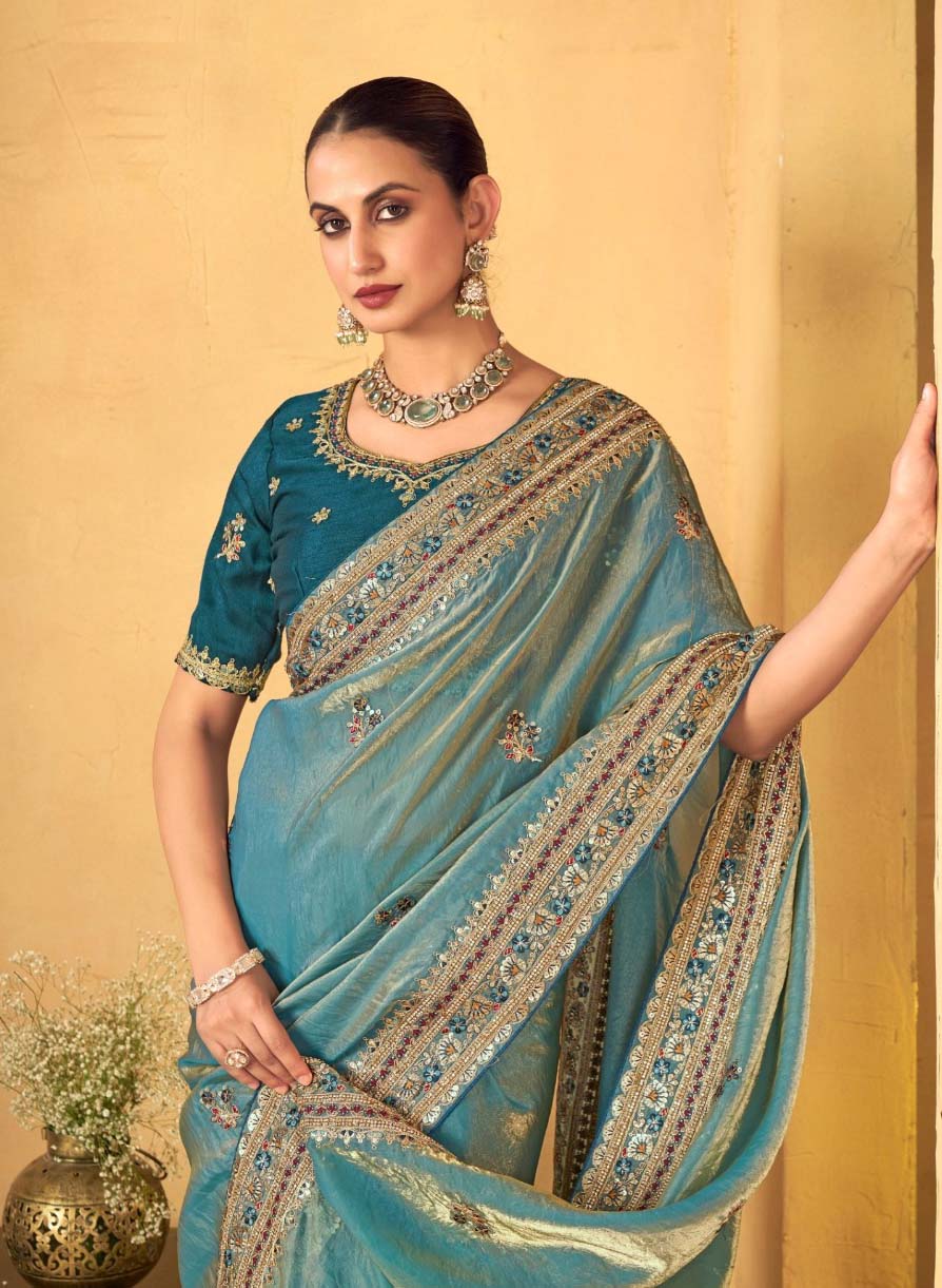 Vardan Fendi Teal Blue Heavy Embroidered Bridal Saree Collection