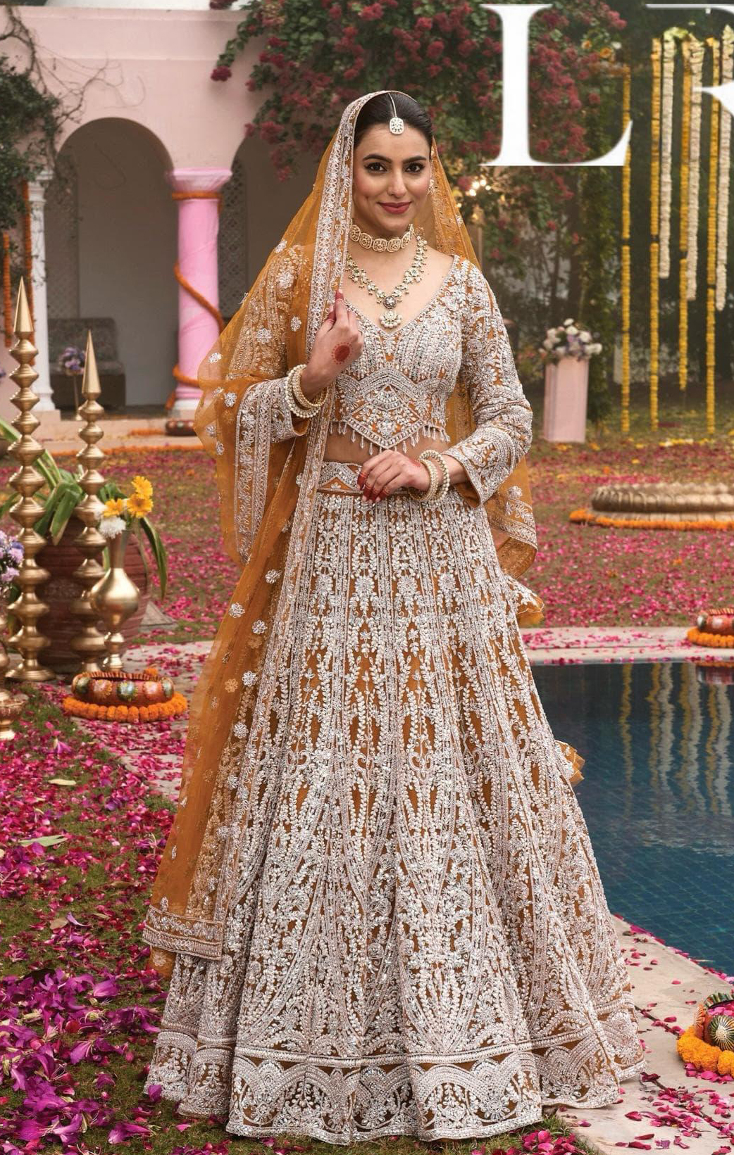 Vardan Golden Glam Embroidered Net Bridal Lehenga with Zari & Sequin Work