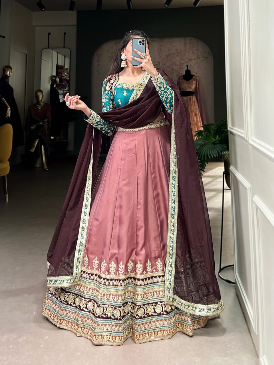 Vardan Rose Pink & Teal Dupatta Moonga Silk Designer Lehenga Collection (2)