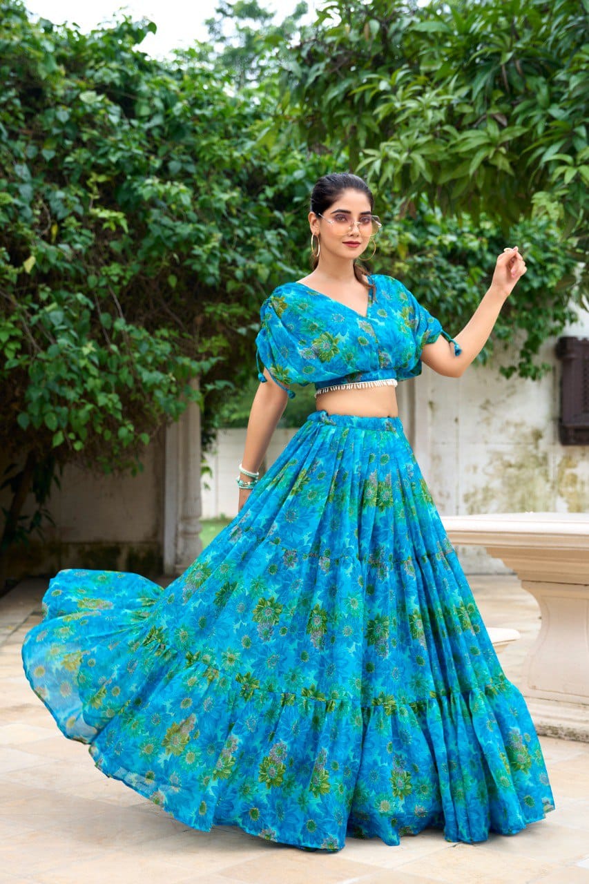 Vardan Vaatika Floral Print Chiffon with Pearl Work Blouse Lehenga Collection - Image 3