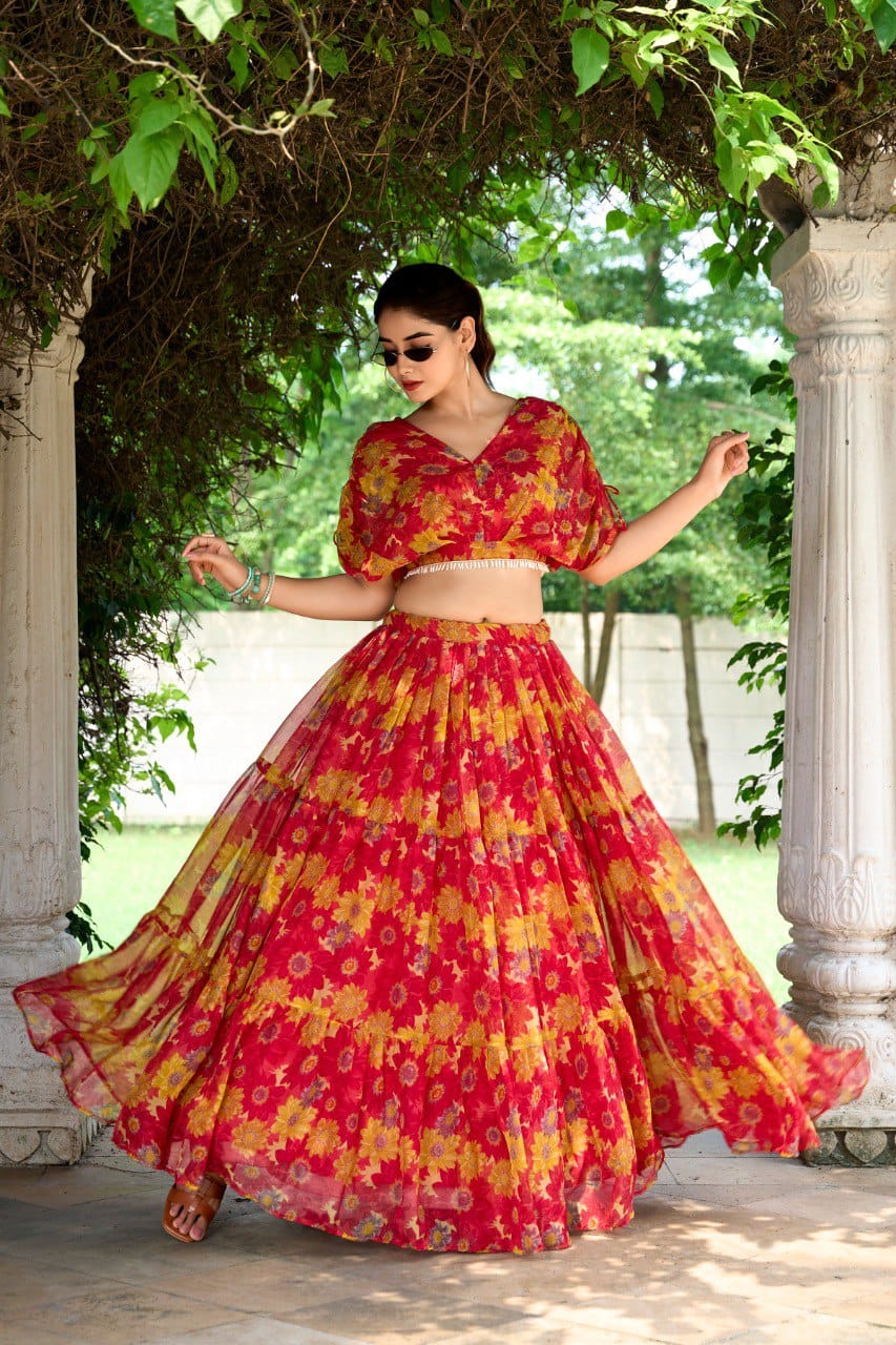Vardan Vaatika Floral Print Chiffon with Pearl Work Blouse Lehenga Collection - Image 4