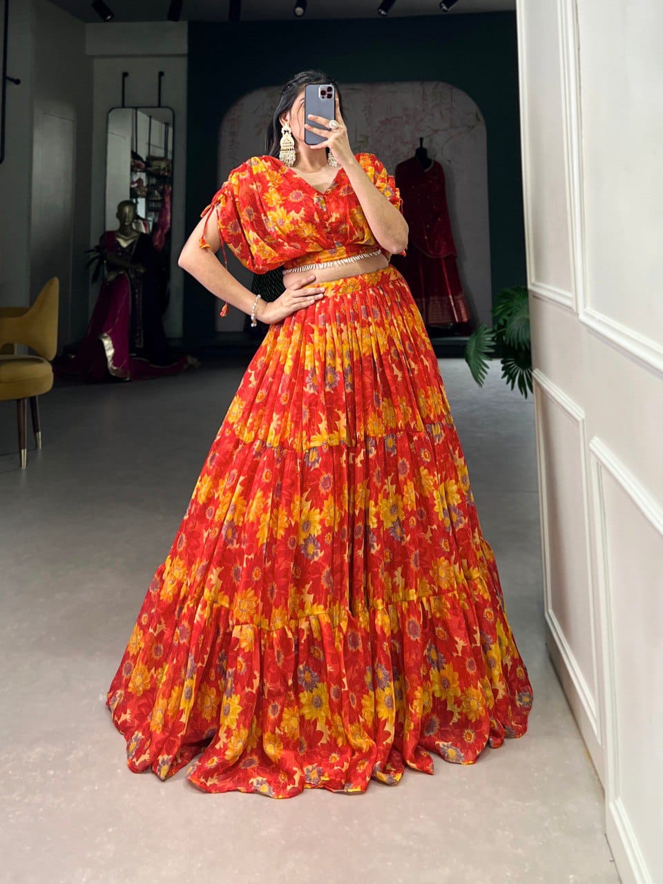 Vardan Vaatika Floral Print Chiffon with Pearl Work Blouse Lehenga Collection - Image 5