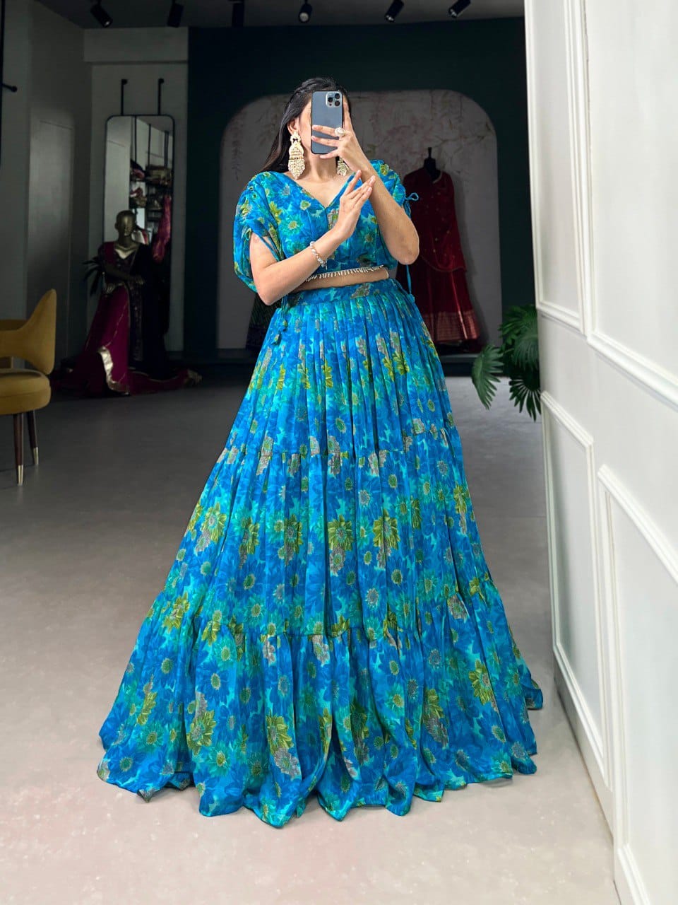 Vardan Vaatika Floral Print Chiffon with Pearl Work Blouse Lehenga Collection - Image 6