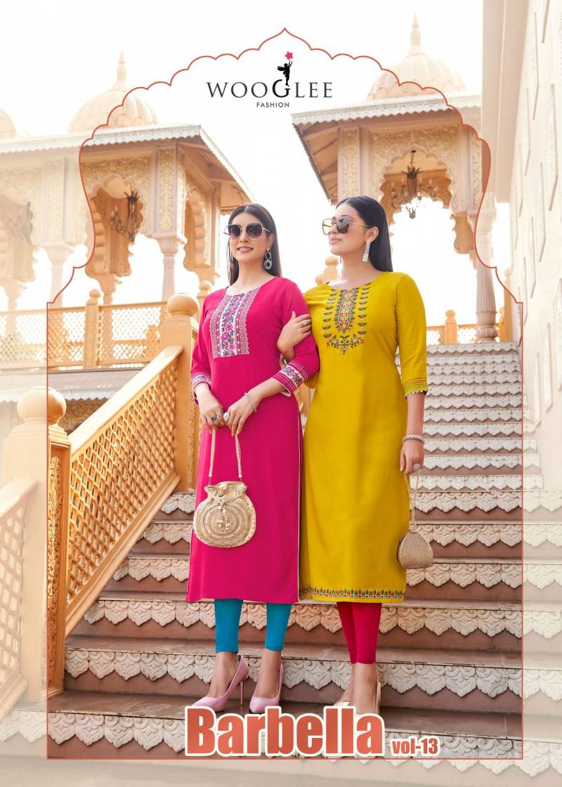 Wooglee Barbella Vol 13 Rayon Thread And Handwork Wholesale Fancy Kurtis Collection