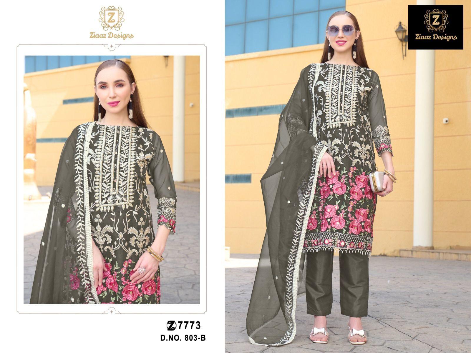 Ziaaz Design Code 803 Colours Semi Stitched Organza Wholesale Pakistani Suit Collection - Image 3