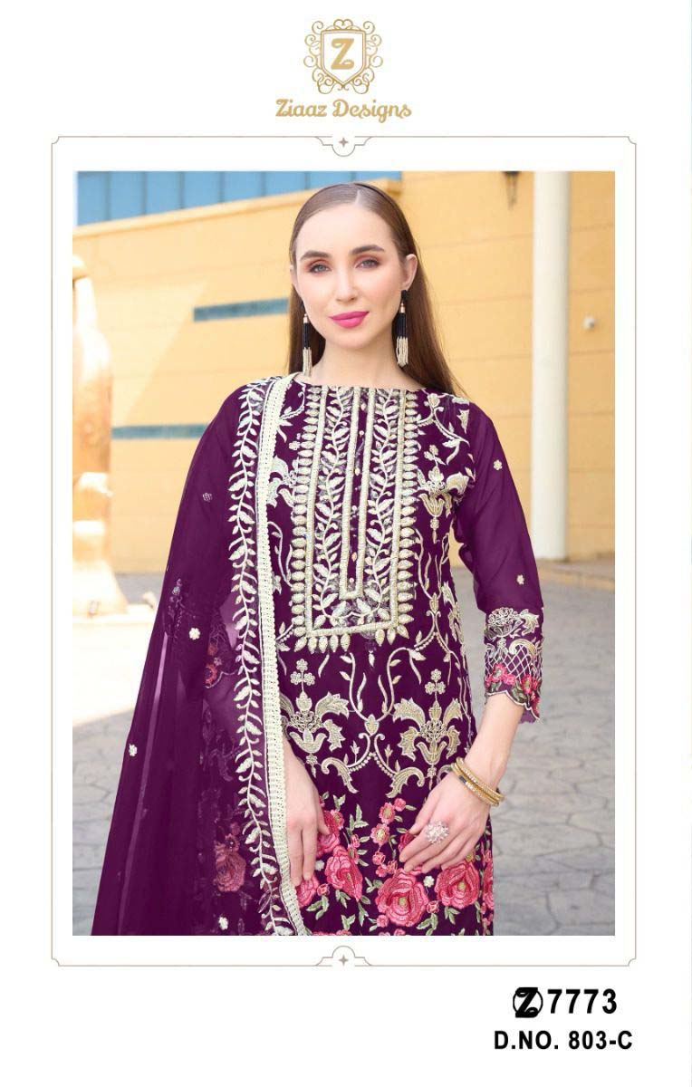 Ziaaz Design Code 803 Colours Semi Stitched Organza Wholesale Pakistani Suit Collection