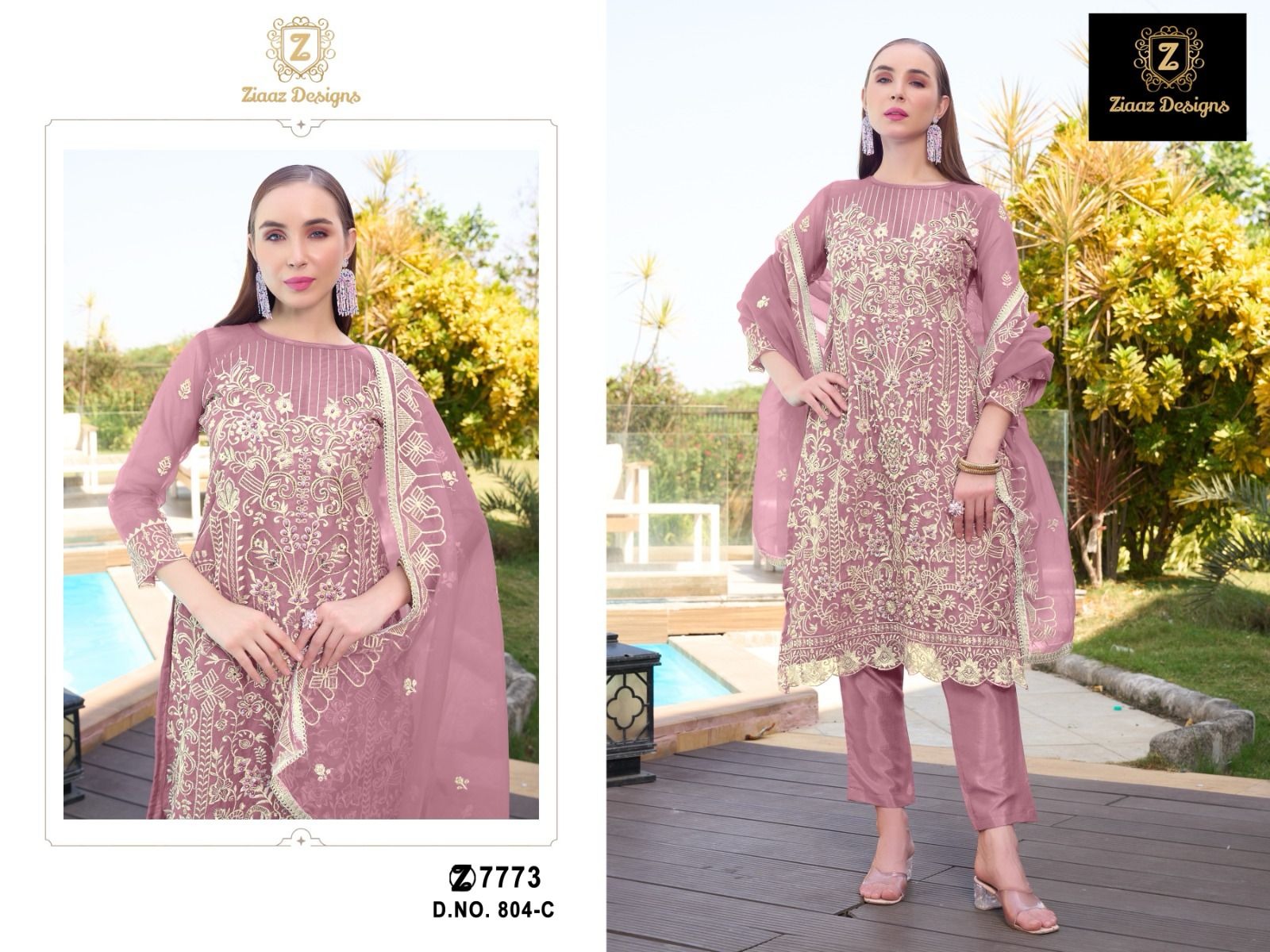 Ziaaz Designs 804 Organza Handwork Moti Embroidered Pakistani Suit Wholesale - Image 4