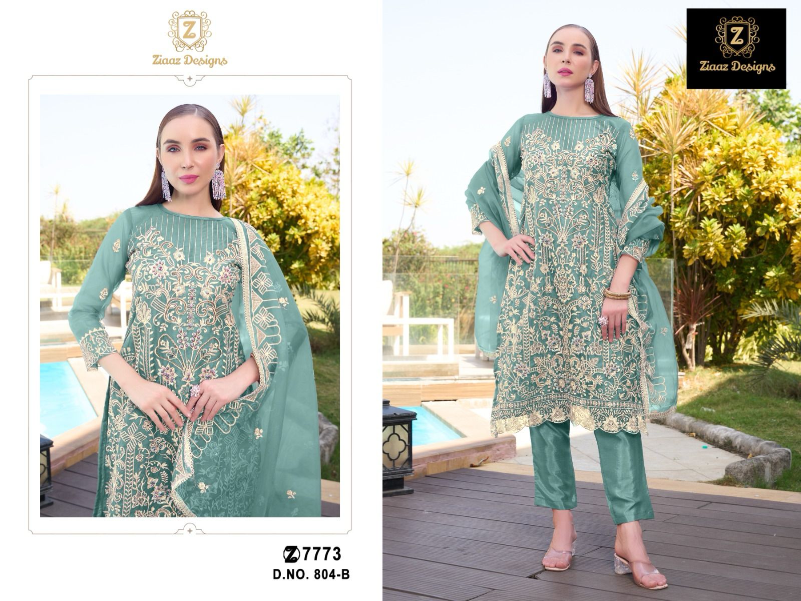 Ziaaz Designs 804 Organza Handwork Moti Embroidered Pakistani Suit Wholesale - Image 5
