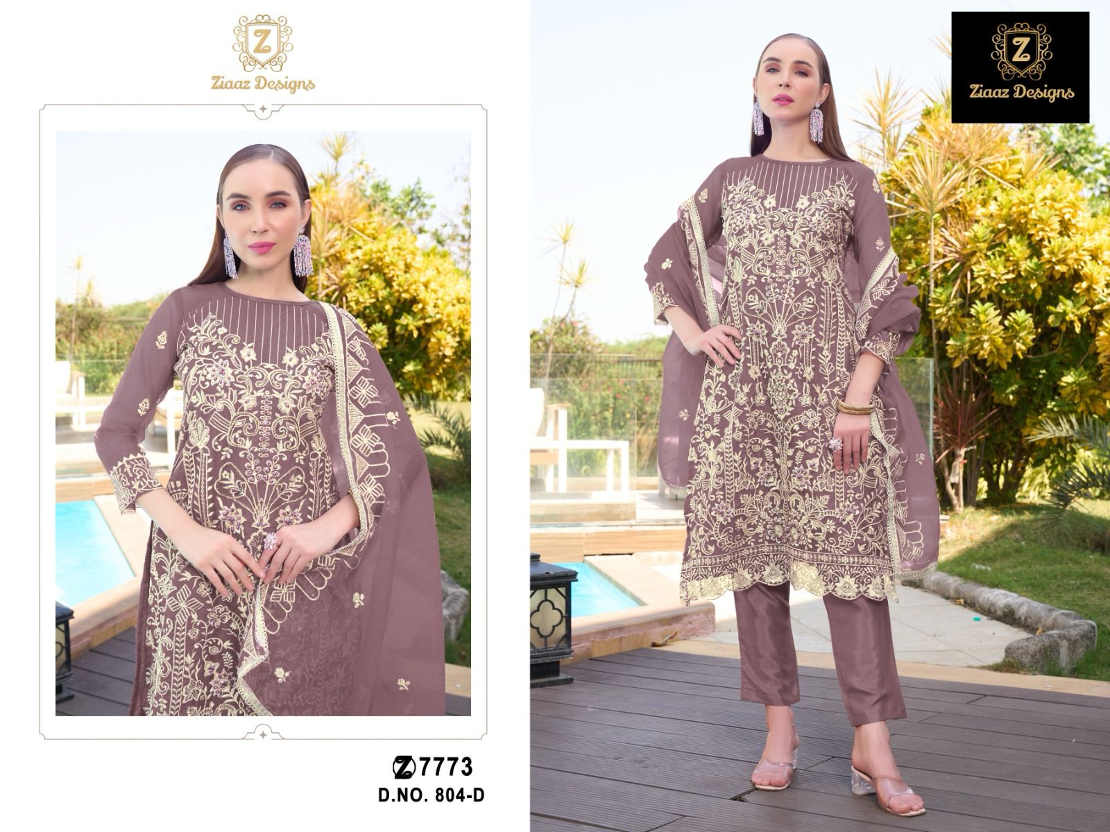 Ziaaz Designs 804 Organza Handwork Moti Embroidered Pakistani Suit Wholesale - Image 3