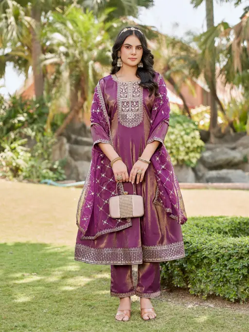 Buy the Aanchi Ankita Roman Shimmer Flared Kurti with Bottom & Dupatta Collection online at a wholesale rate. The full catalog price is INR 5400 and includes 4 graceful designs.