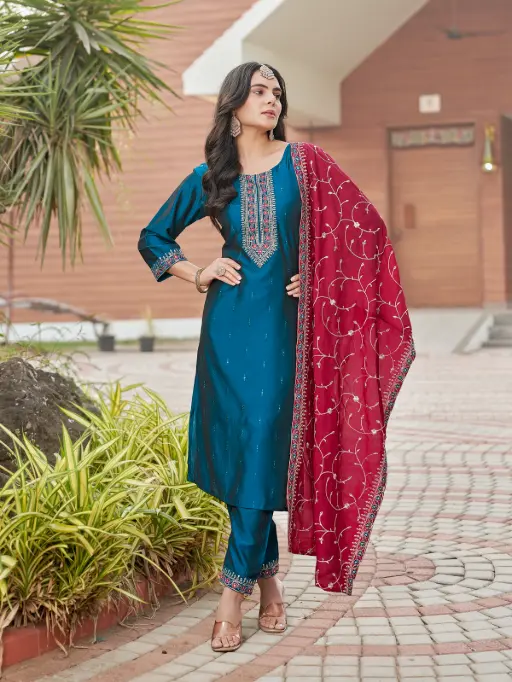 Aanchi Imani Rangeela Silk Straight Kurti with Bottom & Dupatta Collection - Image 5