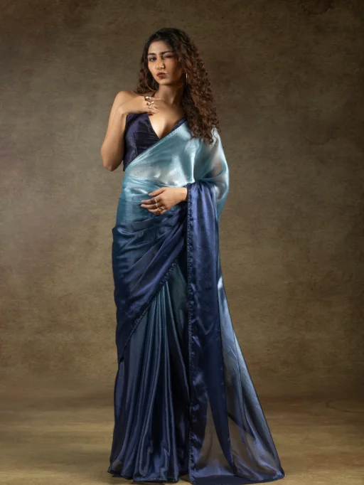 Akshaya Blue Satin Silk Designer Readymade Sarees Collection - Image 4