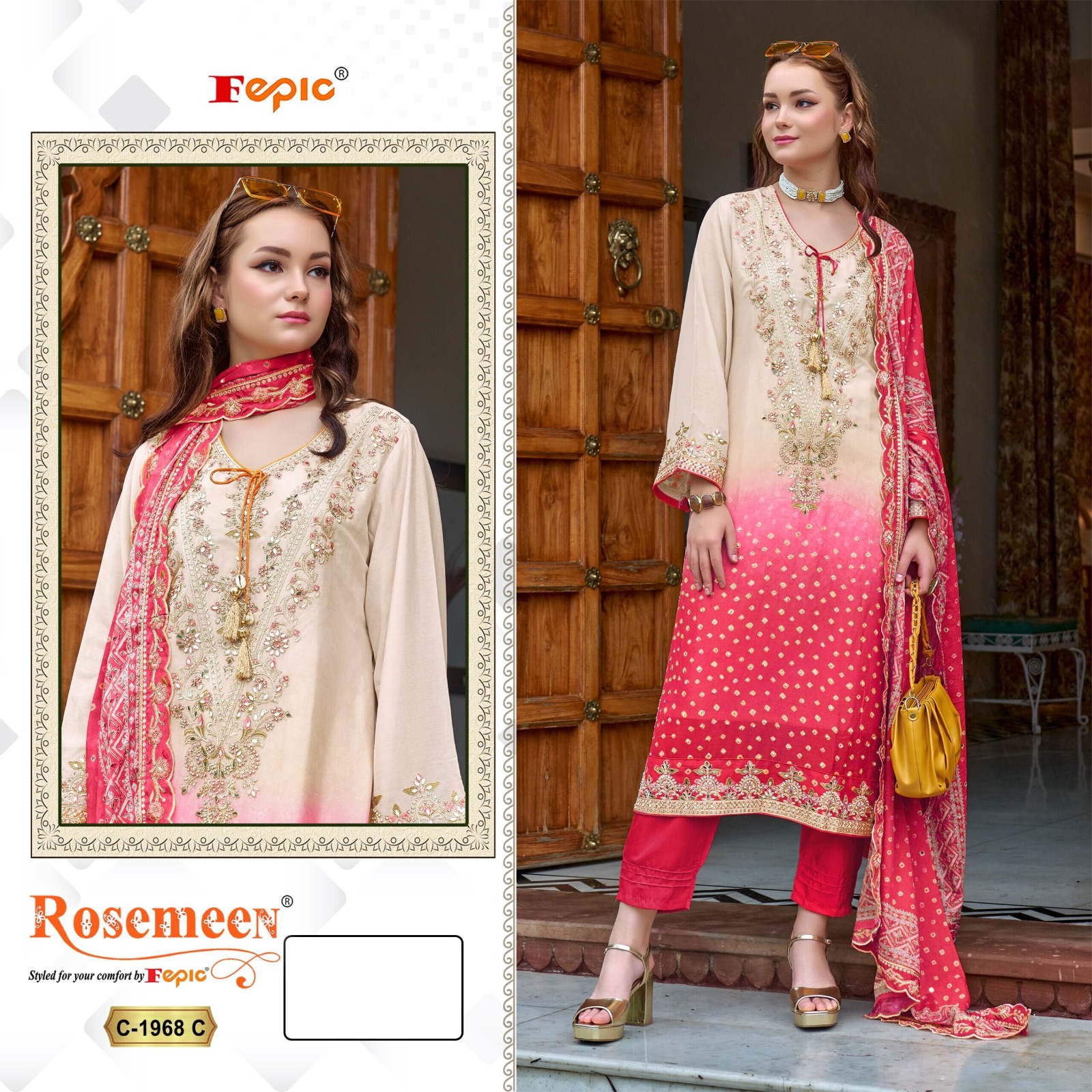 Buy Fepic Rosemeen Designer Pakistani Suit with heavy embroidered Chinon fabric online at the best wholesale price. ✓Price: ₹1525 ✓D.No: 1968 ✓GST Extra.