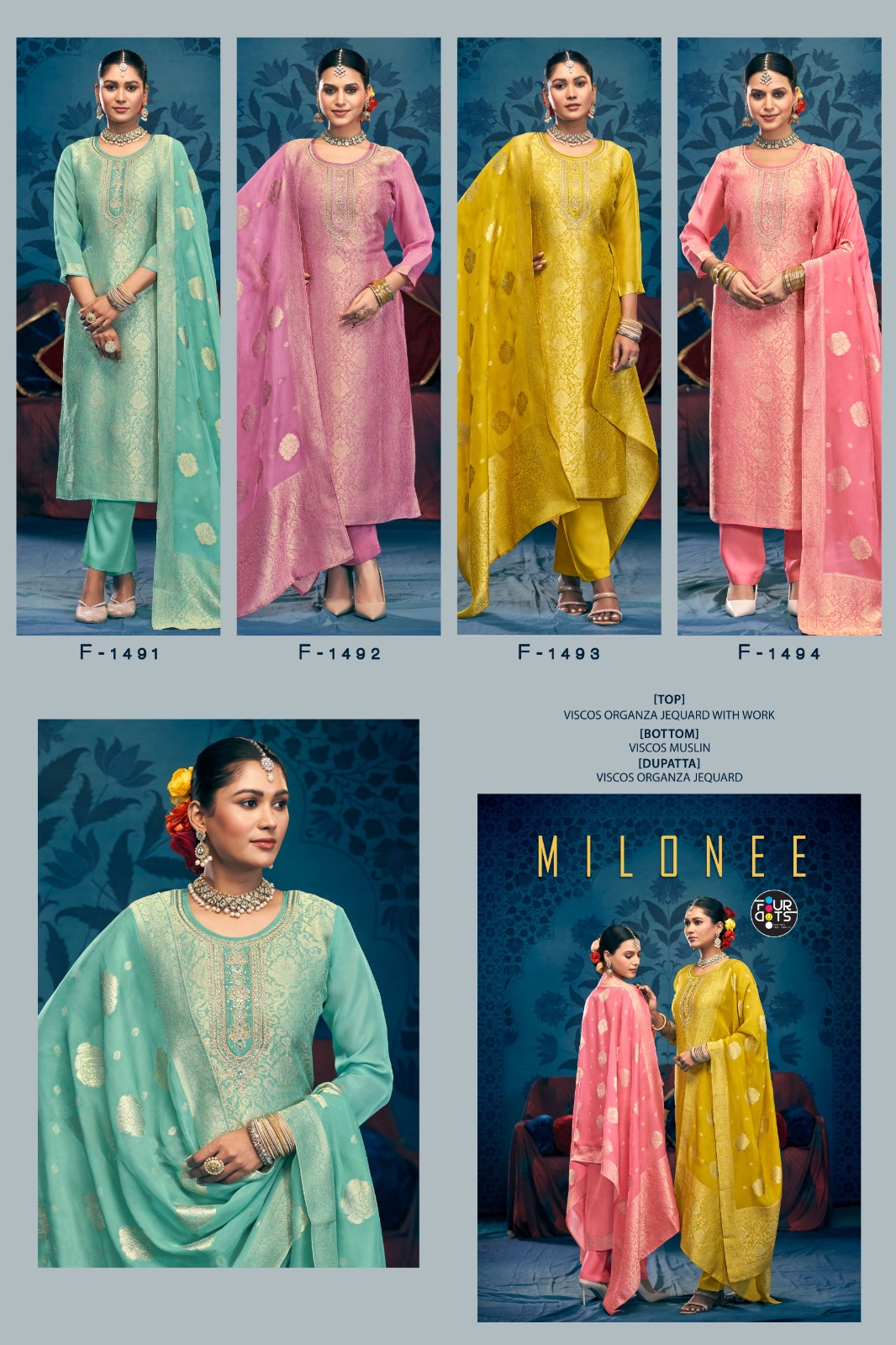 Fourdots Milonee Viscose Organza Jacquard Suit Muslin Bottom Designer Salwar Suit Catalog - Image 6