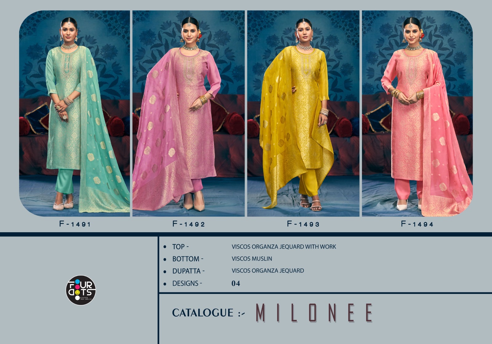 Fourdots Milonee Viscose Organza Jacquard Suit Muslin Bottom Designer Salwar Suit Catalog - Image 5