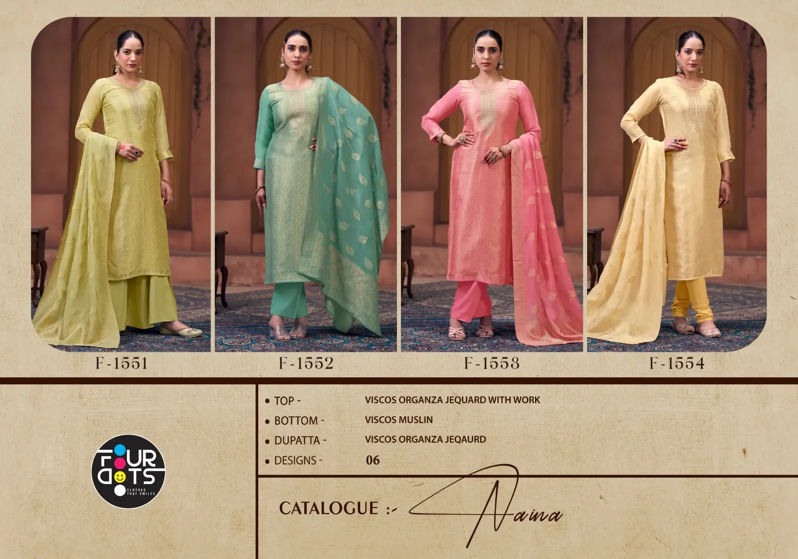 Fourdots Naina Viscos Organza Jequard Salwar Suits Wholesale Catalog - Image 7