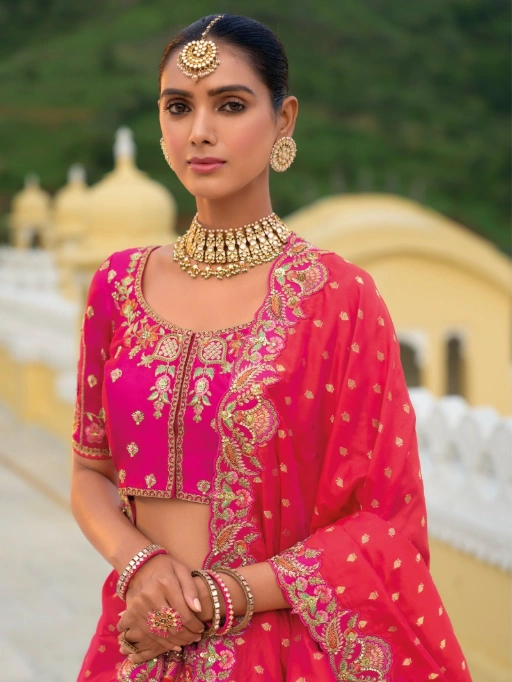 Fuchsia Pink Traditional Designer Silk Wedding Lehenga - Image 2