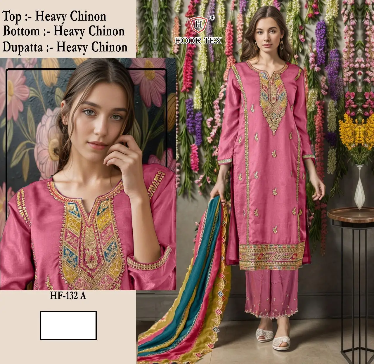 Hoor Tex HF-132 Heavy Chinon Wholesale Readymade Pakistani Suit - Image 4