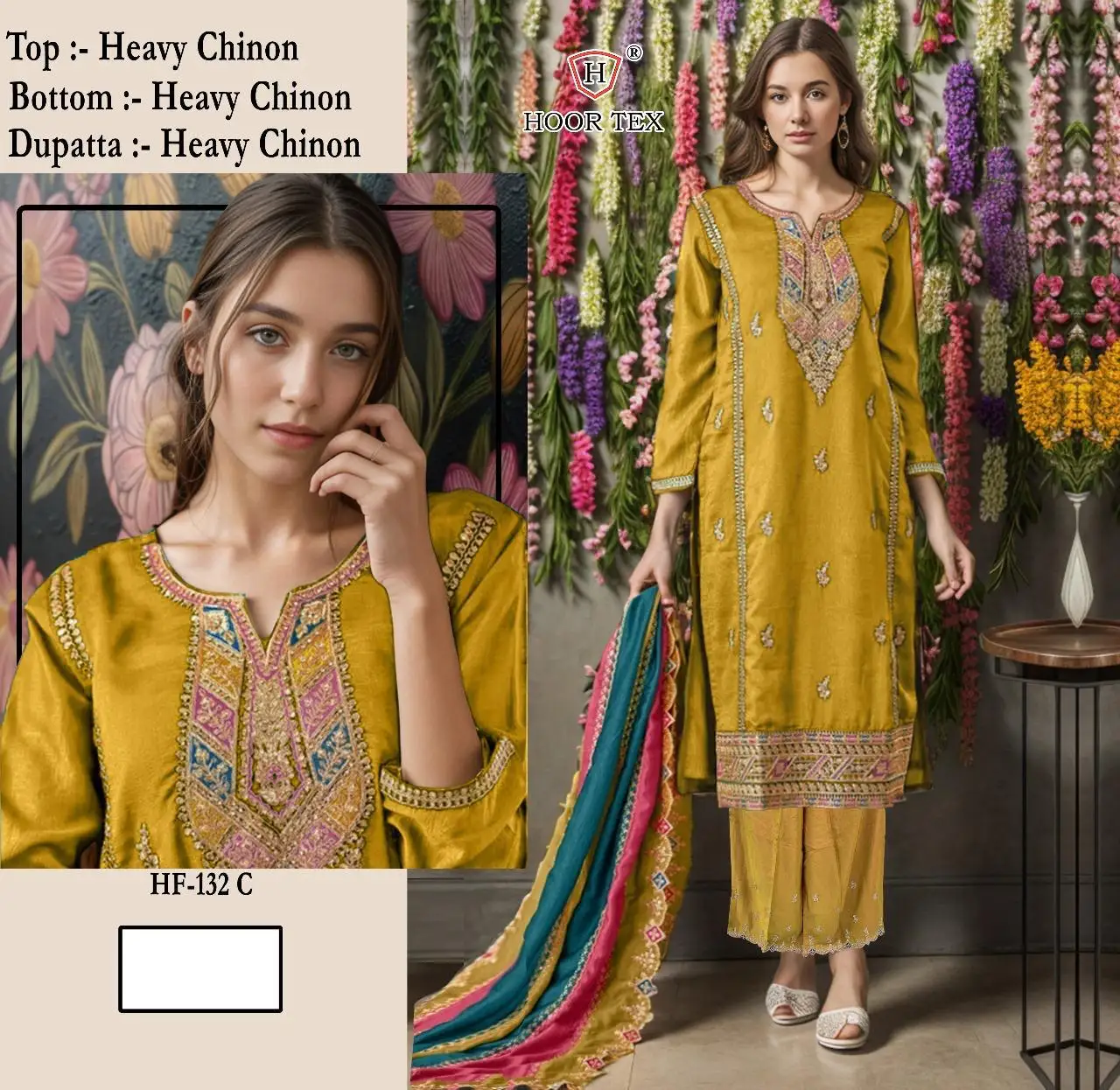 Hoor Tex HF-132 Heavy Chinon Wholesale Readymade Pakistani Suit - Image 5