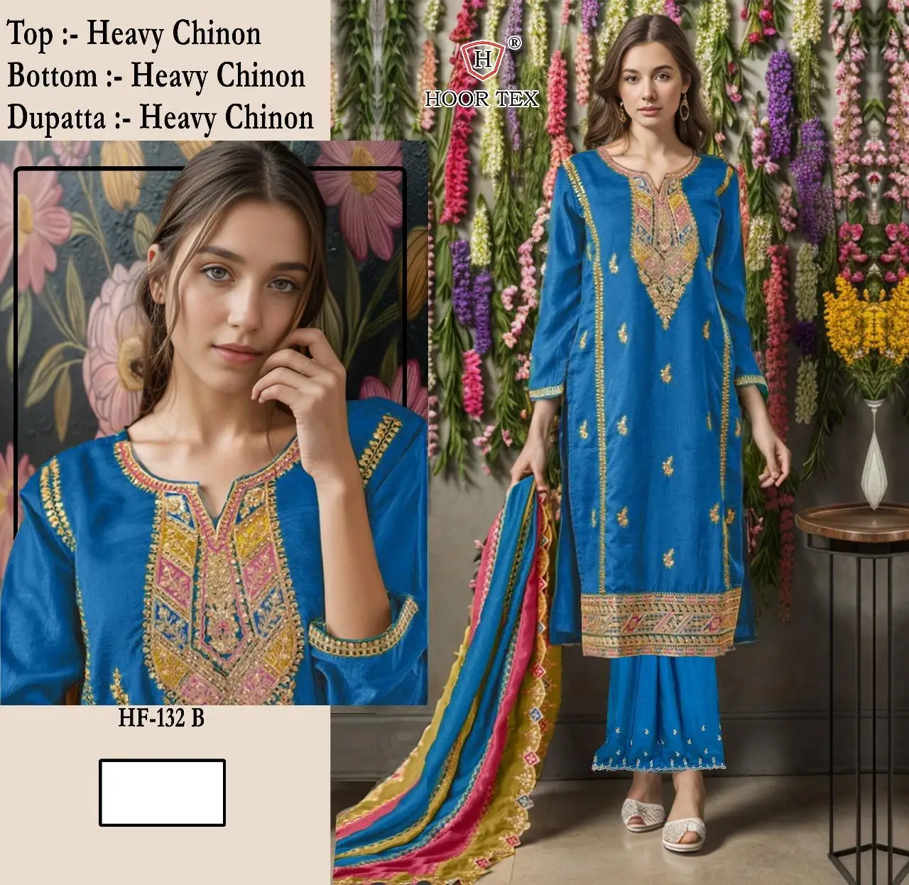 Hoor Tex HF-132 Heavy Chinon Wholesale Readymade Pakistani Suit - Image 6