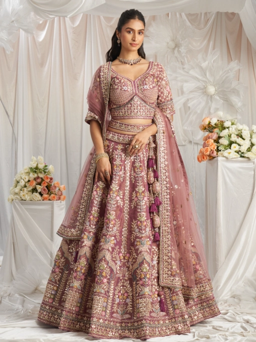 Lavender Tissue Sequin Work Wedding Lehenga by Vardan Ethnic