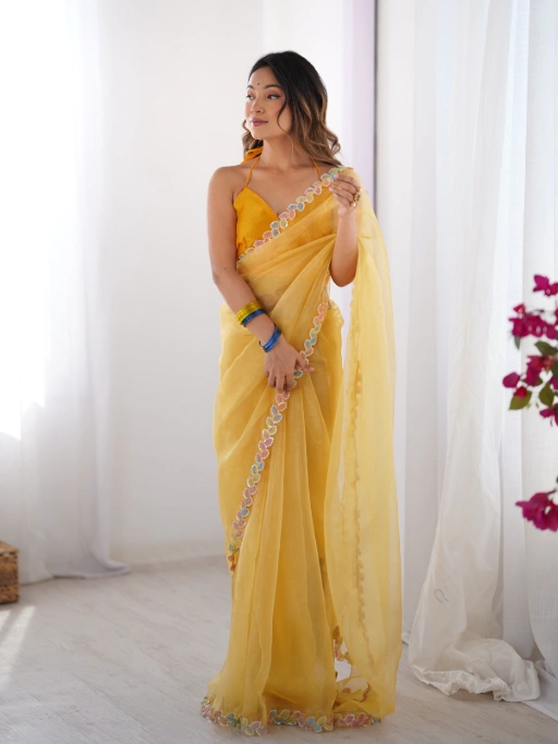 Laxminam Yellow Jimmy Choo Designer Partywear Saree - Image 4