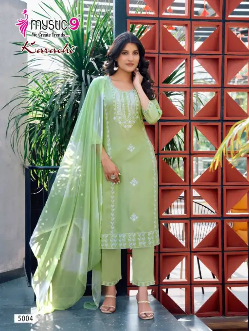 Mystic 9 Karachi Vol 5 Rayon Kurti Bottom Dupatta Wholesale Catalog