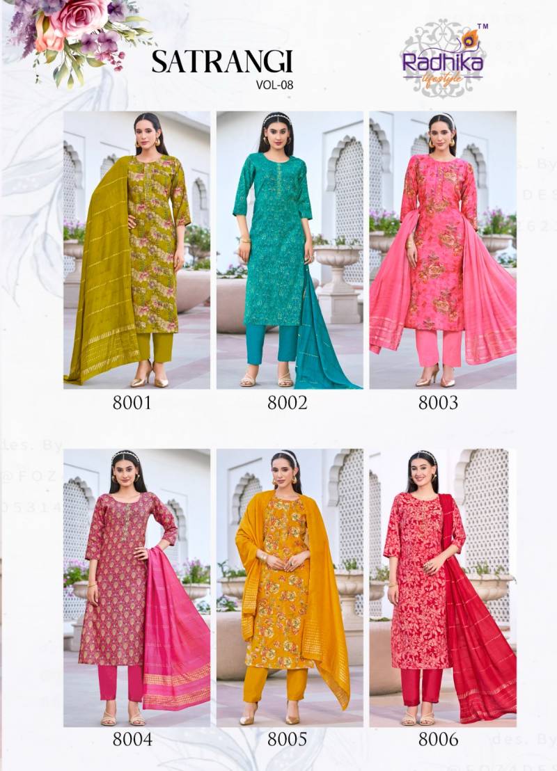 Radhika Satrangi Vol 8 Chanderi Printed Kurti Pant With Dupatta Wholesale Catalog - Image 7