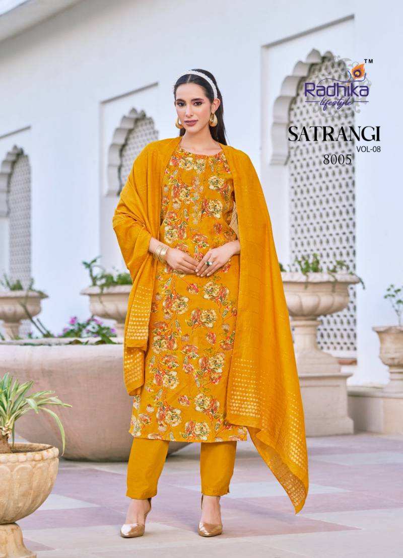 Radhika Satrangi Vol 8 Chanderi Printed Kurti Pant With Dupatta Wholesale Catalog - Image 6