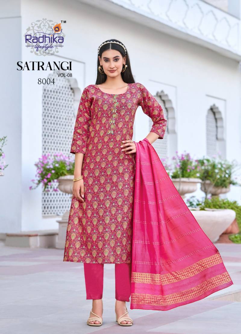 Radhika Satrangi Vol 8 Chanderi Printed Kurti Pant With Dupatta Wholesale Catalog