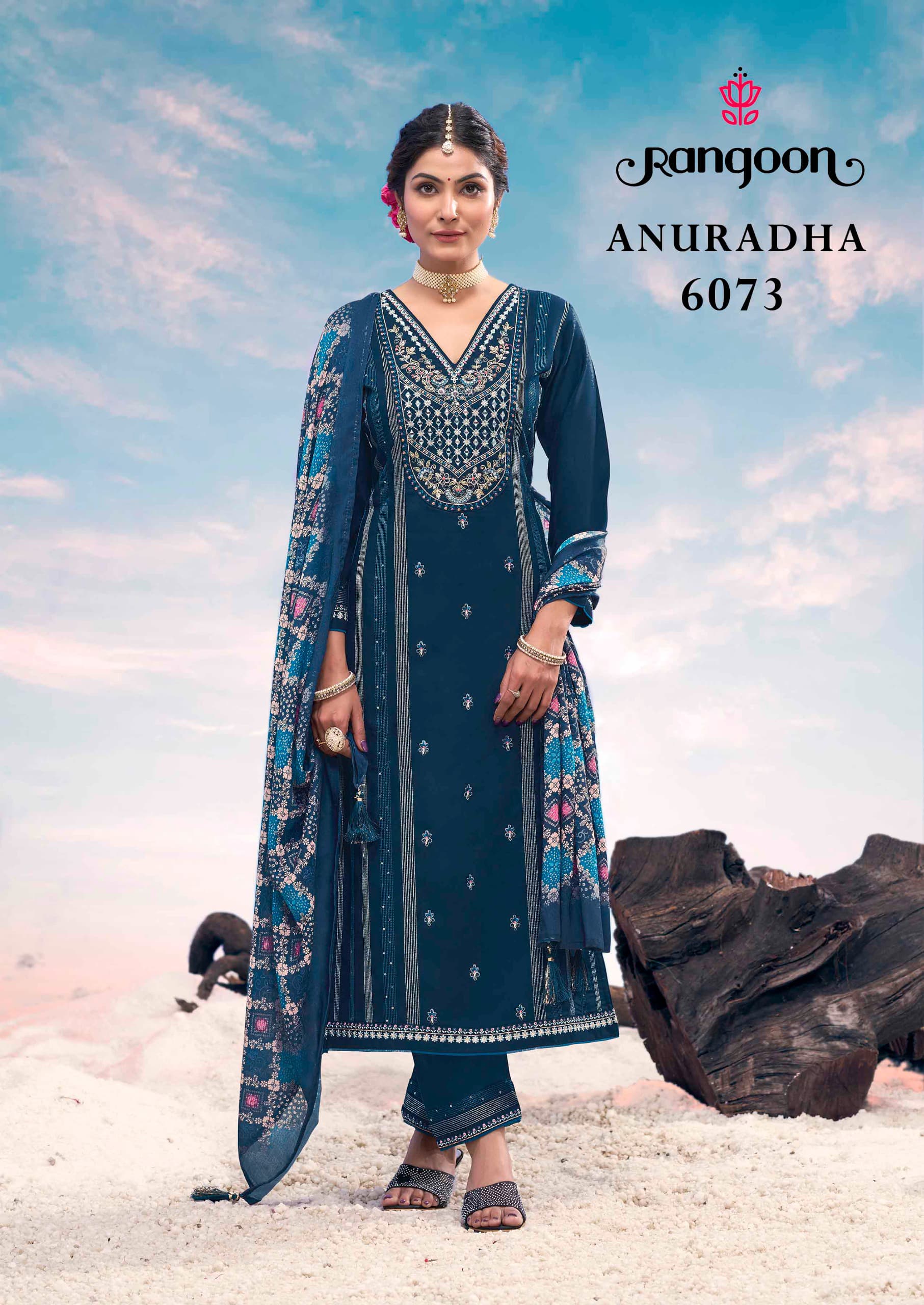 Rangoon Anuradha Airjet Rayon Embroidered Work Kurti Bottom With Dupatta - Image 2