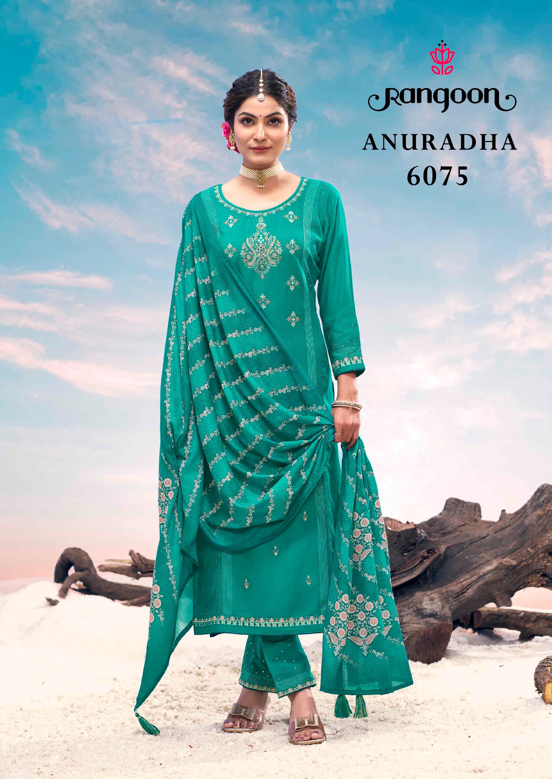 Rangoon Anuradha Airjet Rayon Embroidered Work Kurti Bottom With Dupatta - Image 3