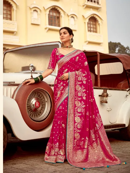 Rani Pink Dola Silk Saree with Intricate Zari Weaving & Embroidered Blouse