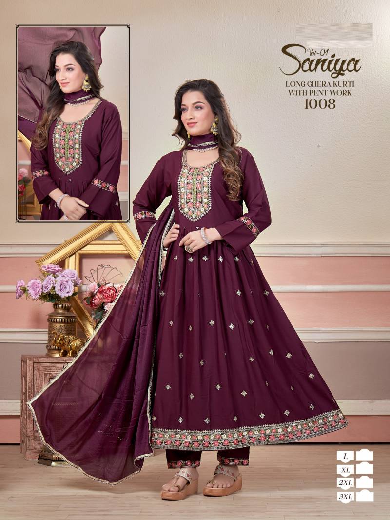 Saniya Vol 1 Rayon Long Kurti Pant With Dupatta Catalog - Image 9