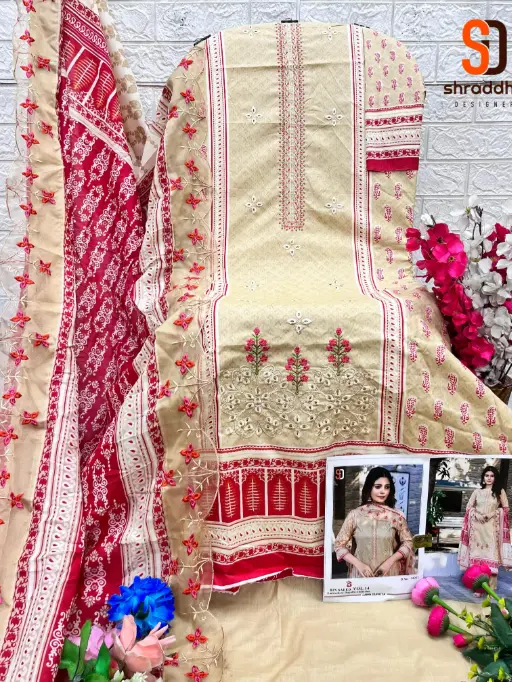 Sharaddha Designer Bin Saeed Vol14 Cotton Embroidered Salwar Suit Catalog - Image 7