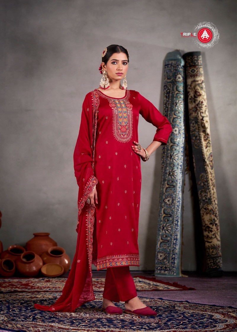 TRIPLE Yatri –Jam Cotton Embroidered Satin Salwar Suit Catalog