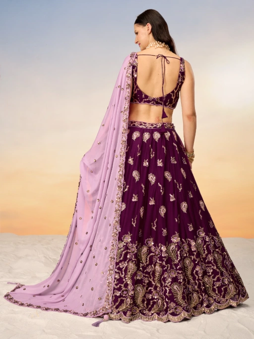 VE Burgundy Poly Georgette Heavy Sequinned Bridesmaid Lehenga - Image 4