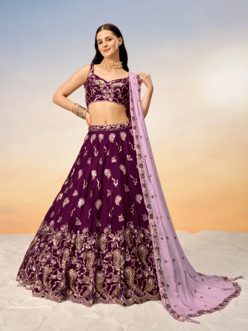 VE Burgundy Poly Georgette Heavy Sequinned Bridesmaid Lehenga