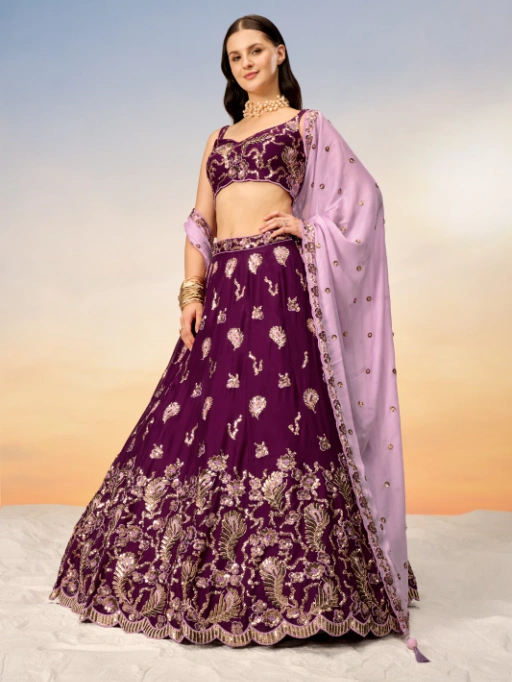 VE Burgundy Poly Georgette Heavy Sequinned Bridesmaid Lehenga - Image 2