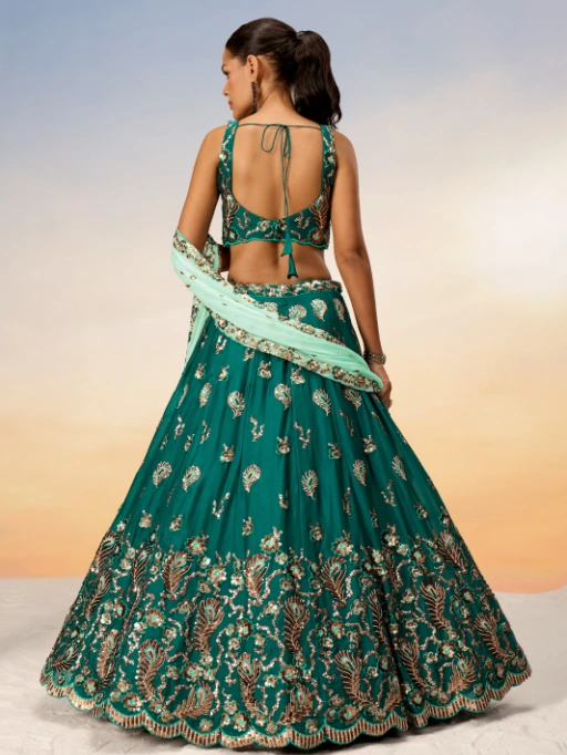 VE Green Poly Georgette Heavy Sequinned Bridesmaid Lehenga - Image 3