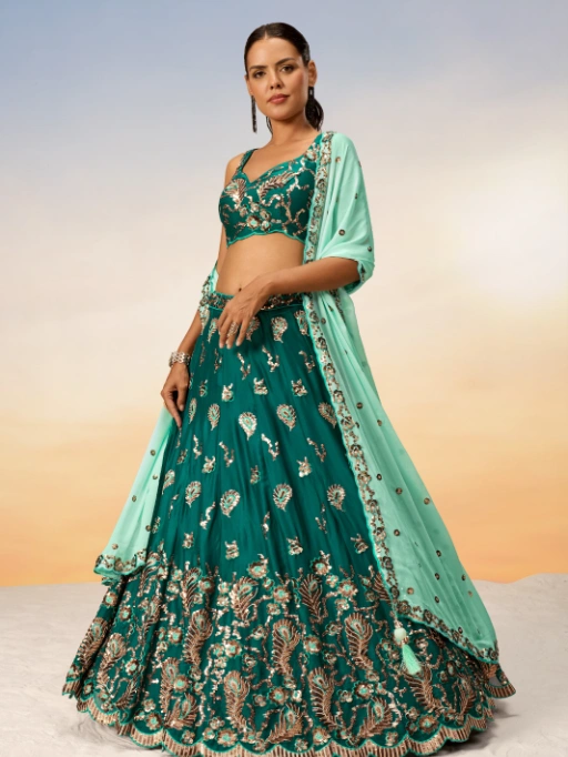 VE Green Poly Georgette Heavy Sequinned Bridesmaid Lehenga