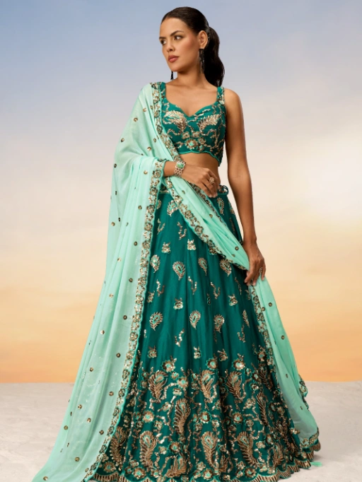 VE Green Poly Georgette Heavy Sequinned Bridesmaid Lehenga - Image 4