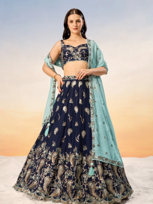 VE Navy Blue Poly Georgette Heavy Sequinned Bridesmaid Lehenga - Image 3