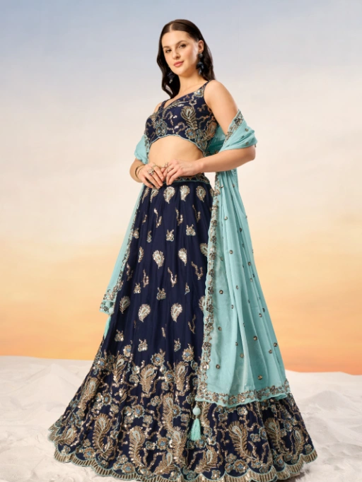 VE Navy Blue Poly Georgette Heavy Sequinned Bridesmaid Lehenga
