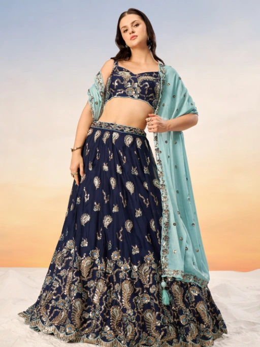 VE Navy Blue Poly Georgette Heavy Sequinned Bridesmaid Lehenga - Image 4
