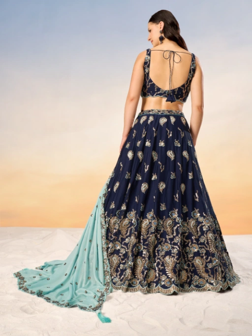 VE Navy Blue Poly Georgette Heavy Sequinned Bridesmaid Lehenga - Image 2