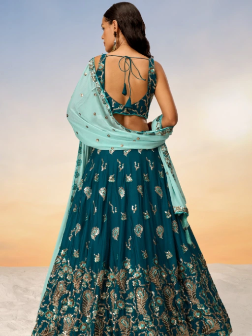 VE Teal Poly Georgette Heavy Sequinned Bridesmaid Lehenga - Image 4