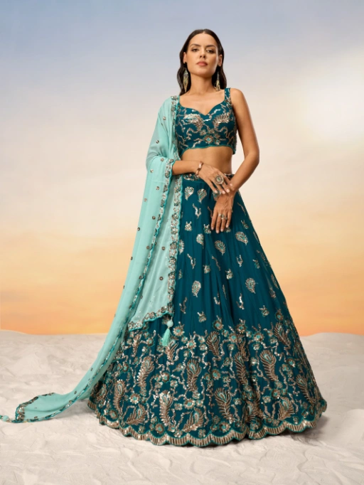 VE Teal Poly Georgette Heavy Sequinned Bridesmaid Lehenga
