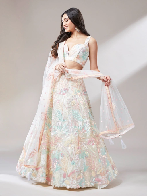 Vardan Cream Net with Pastel Sequin Work Bridal Lehenga - Image 2